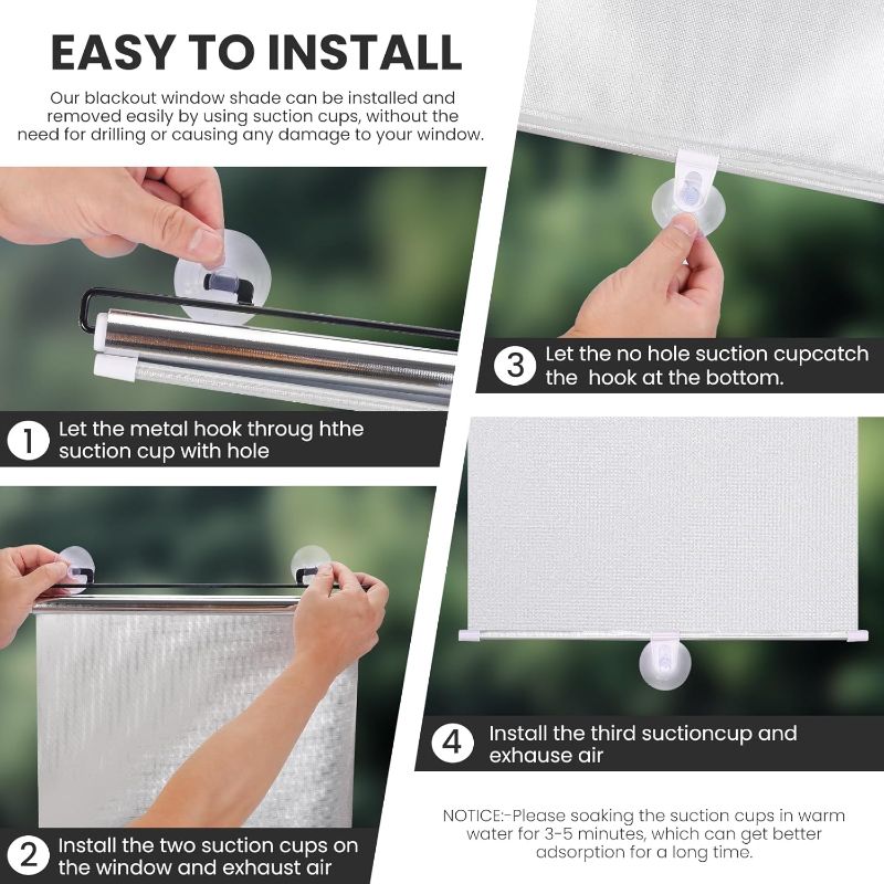 Photo 1 of No Drilling Retractable Roller Window Shades W/3 Suction Cups, Black Blackout Blind Shade Temporary Cover Curtain for Home Bedroom Car (49.21" L× 19.68" W, Silver Coating)