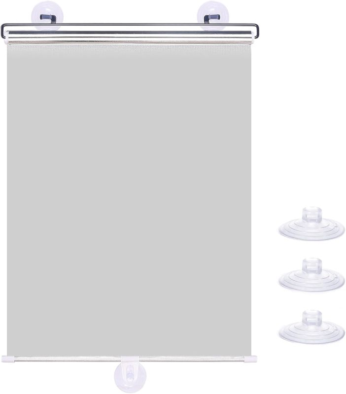 Photo 1 of No Drilling Retractable Roller Window Shades W/3 Suction Cups, Black Blackout Blind Shade Temporary Cover Curtain for Home Bedroom Car (49.21" L× 19.68" W, Silver Coating)