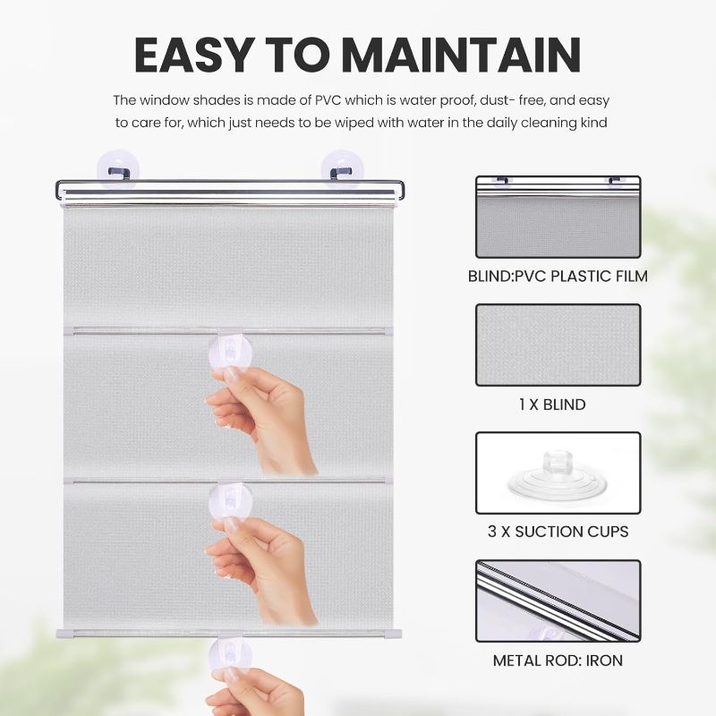 Photo 1 of No Drilling Retractable Roller Window Shades W/3 Suction Cups, Black Blackout Blind Shade Temporary Cover Curtain for Home Bedroom Car (49.21" L× 19.68" W, Silver Coating)