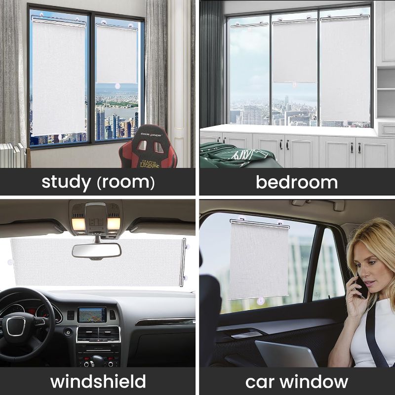 Photo 1 of No Drilling Retractable Roller Window Shades W/3 Suction Cups, Black Blackout Blind Shade Temporary Cover Curtain for Home Bedroom Car (49.21" L× 19.68" W, Silver Coating)