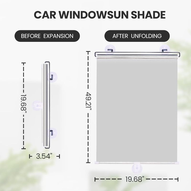 Photo 1 of No Drilling Retractable Roller Window Shades W/3 Suction Cups, Black Blackout Blind Shade Temporary Cover Curtain for Home Bedroom Car (49.21" L× 19.68" W, Silver Coating)
