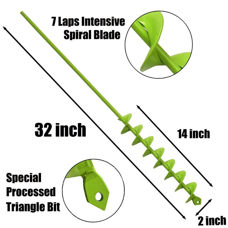 Photo 1 of 32" x 2" Upgraded Elongated Auger Drill Bit- No Need to Squat Post Hole Digger,100% Solid Barrel Extended Length Intensive Blades Heavy Duty Green Auger Drill Bit for Planting for 3/8" Hex Drive Drill