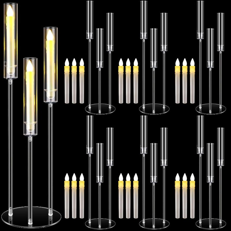 Photo 1 of Tandefio 6 Pcs Candelabra Centerpiece with 18 LED Candles 3 Arm Clear Candlestick Holder with Acrylic Shade Circular Base for Birthday Wedding Party Table Decoration Fit 0.87" Candle