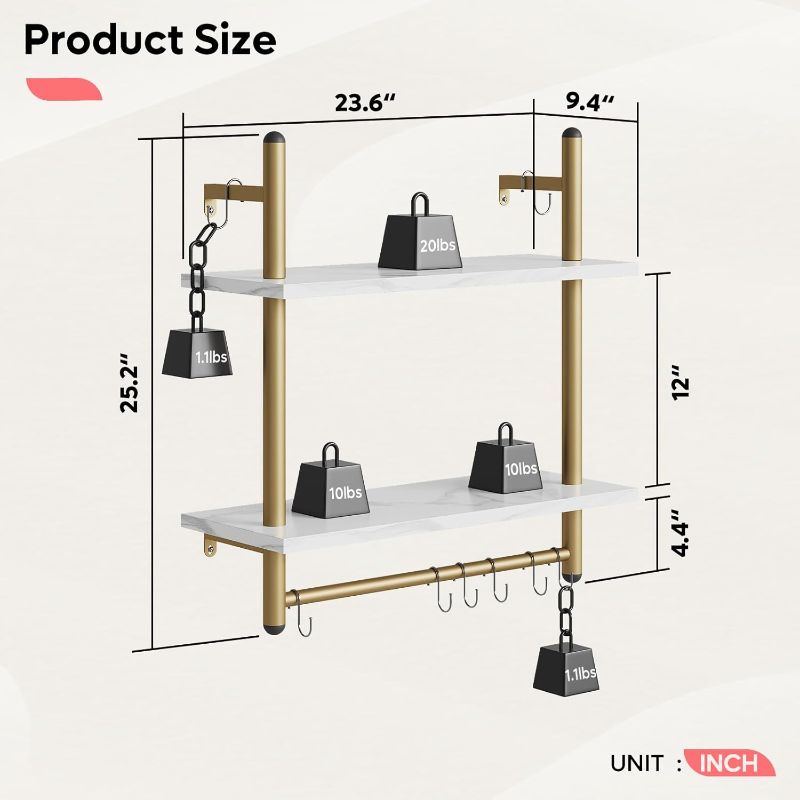 Photo 1 of Bestier Industrial Pipe Shelf Bathroom Shelves with Towel Bar, 24 inch Floating Shelves 2 Tier for Wall Storage, Kitchen Wall Mounted Shelf Wall Decor Hanging for Living Room Bedroom, White Marble