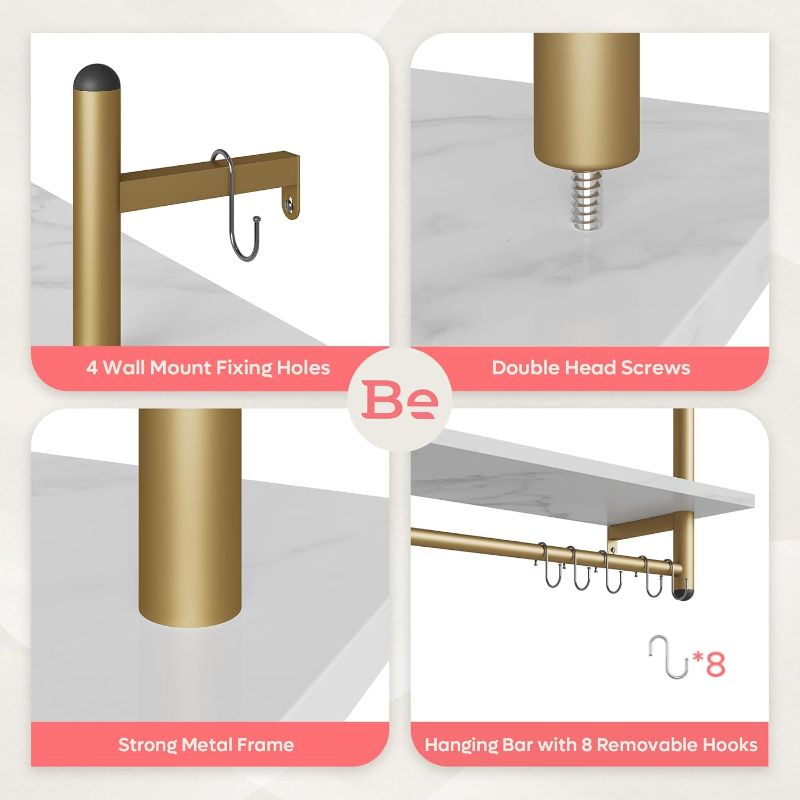 Photo 1 of Bestier Industrial Pipe Shelf Bathroom Shelves with Towel Bar, 24 inch Floating Shelves 2 Tier for Wall Storage, Kitchen Wall Mounted Shelf Wall Decor Hanging for Living Room Bedroom, White Marble