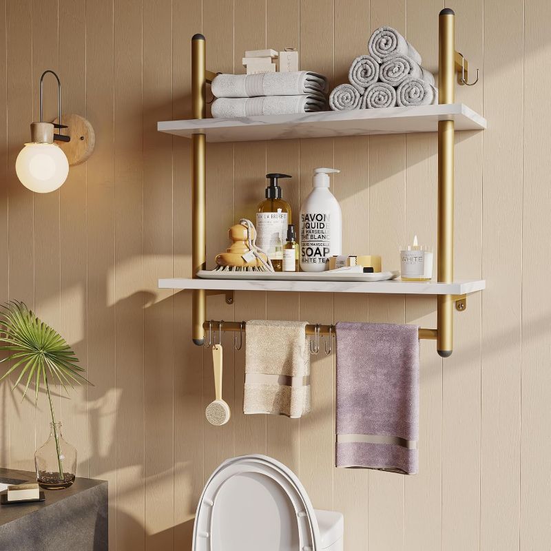 Photo 1 of Bestier Industrial Pipe Shelf Bathroom Shelves with Towel Bar, 24 inch Floating Shelves 2 Tier for Wall Storage, Kitchen Wall Mounted Shelf Wall Decor Hanging for Living Room Bedroom, White Marble