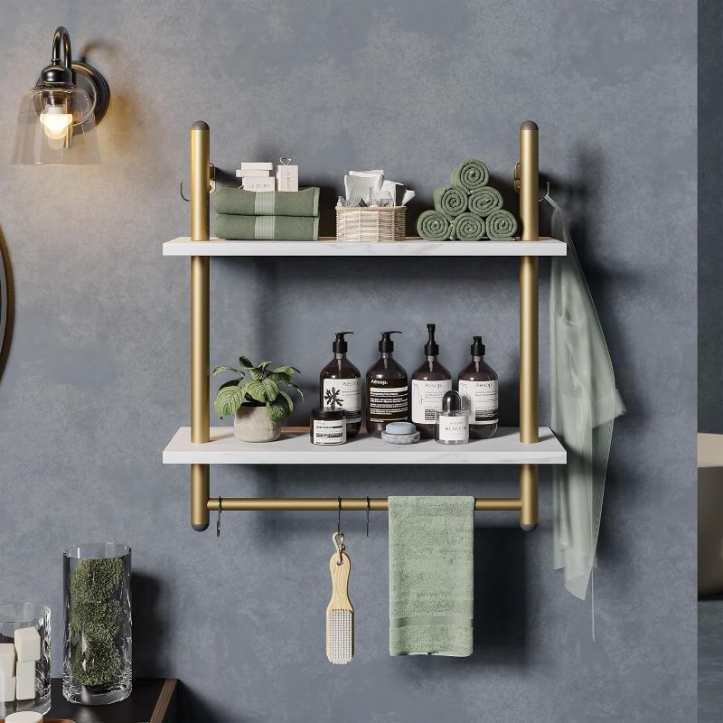 Photo 1 of Bestier Industrial Pipe Shelf Bathroom Shelves with Towel Bar, 24 inch Floating Shelves 2 Tier for Wall Storage, Kitchen Wall Mounted Shelf Wall Decor Hanging for Living Room Bedroom, White Marble