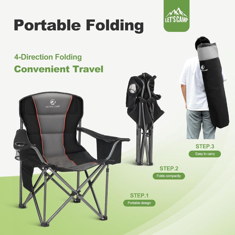 Photo 1 of LET'S CAMP Folding Camping Chair Oversized Heavy Duty Padded Outdoor Chair with Cup Holder Storage and Cooler Bag, 450 LBS Weight Capacity, Thicken 600D Oxford,2 Pack