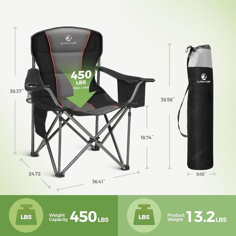 Photo 1 of LET'S CAMP Folding Camping Chair Oversized Heavy Duty Padded Outdoor Chair with Cup Holder Storage and Cooler Bag, 450 LBS Weight Capacity, Thicken 600D Oxford,2 Pack