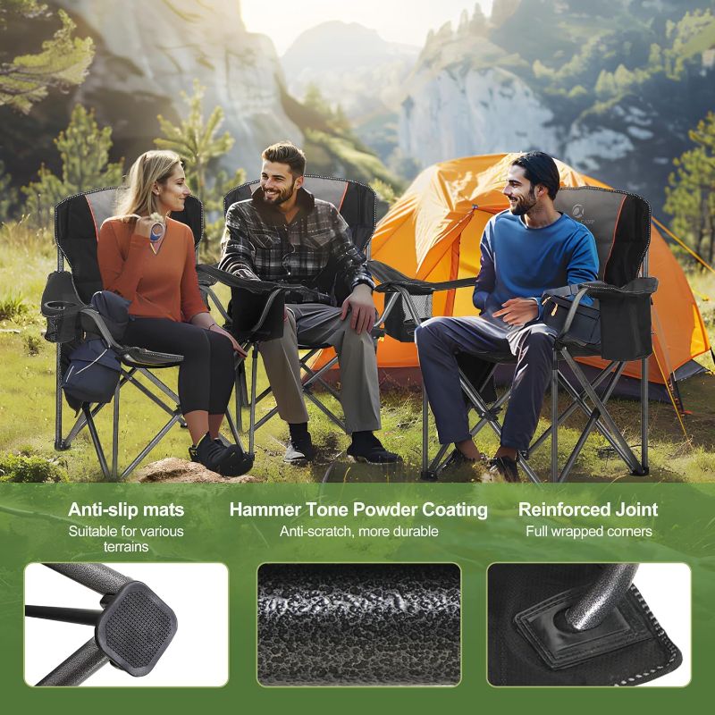 Photo 1 of LET'S CAMP Folding Camping Chair Oversized Heavy Duty Padded Outdoor Chair with Cup Holder Storage and Cooler Bag, 450 LBS Weight Capacity, Thicken 600D Oxford,2 Pack