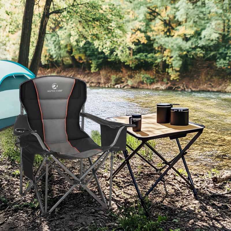 Photo 1 of LET'S CAMP Folding Camping Chair Oversized Heavy Duty Padded Outdoor Chair with Cup Holder Storage and Cooler Bag, 450 LBS Weight Capacity, Thicken 600D Oxford,2 Pack