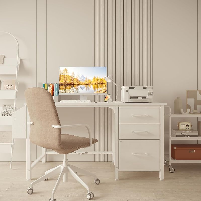 Photo 1 of Lufeiya White Desk with Fabric File Drawers Cabinet, 47 Inch Reversible Computer Desk with Filing Cabinet for Bedroom Small Space Home Office, Modern Writing Table PC Desks, White