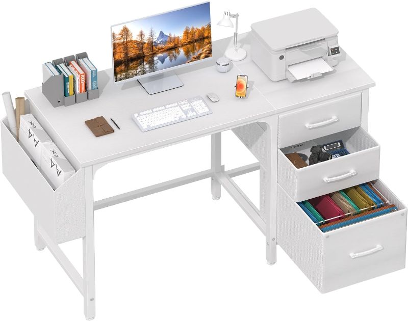 Photo 1 of Lufeiya White Desk with Fabric File Drawers Cabinet, 47 Inch Reversible Computer Desk with Filing Cabinet for Bedroom Small Space Home Office, Modern Writing Table PC Desks, White