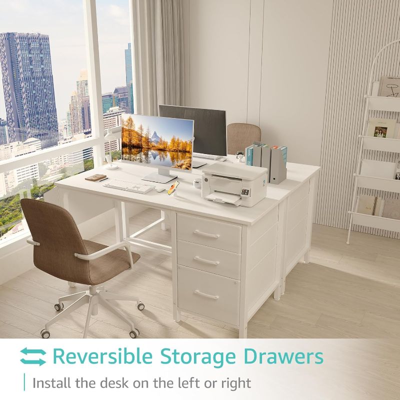 Photo 1 of Lufeiya White Desk with Fabric File Drawers Cabinet, 47 Inch Reversible Computer Desk with Filing Cabinet for Bedroom Small Space Home Office, Modern Writing Table PC Desks, White