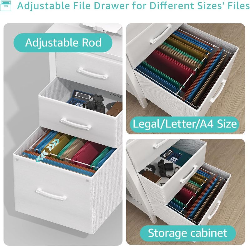 Photo 1 of Lufeiya White Desk with Fabric File Drawers Cabinet, 47 Inch Reversible Computer Desk with Filing Cabinet for Bedroom Small Space Home Office, Modern Writing Table PC Desks, White