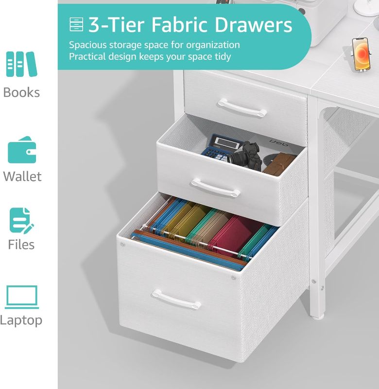 Photo 1 of Lufeiya White Desk with Fabric File Drawers Cabinet, 47 Inch Reversible Computer Desk with Filing Cabinet for Bedroom Small Space Home Office, Modern Writing Table PC Desks, White
