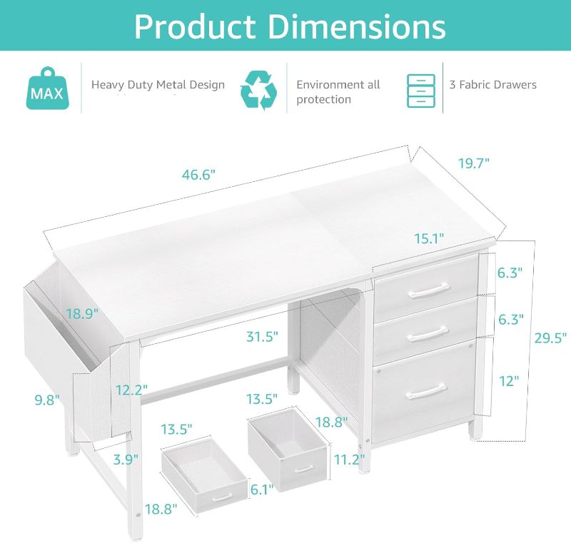 Photo 1 of Lufeiya White Desk with Fabric File Drawers Cabinet, 47 Inch Reversible Computer Desk with Filing Cabinet for Bedroom Small Space Home Office, Modern Writing Table PC Desks, White