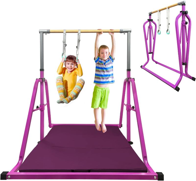 Photo 1 of GLANT Gymnastics Bar for Kids with Rings Set, 7 Heights Adjustable Easy Folding Gymnastic Training Bar Kids Monkey Horizontal Bars - Max Load 300LBS