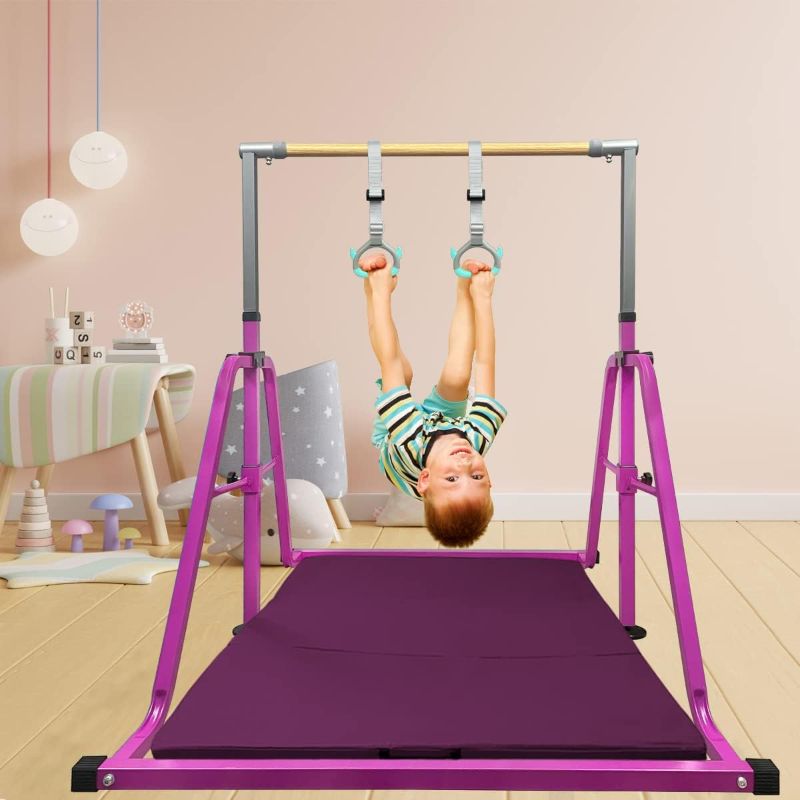 Photo 1 of GLANT Gymnastics Bar for Kids with Rings Set, 7 Heights Adjustable Easy Folding Gymnastic Training Bar Kids Monkey Horizontal Bars - Max Load 300LBS