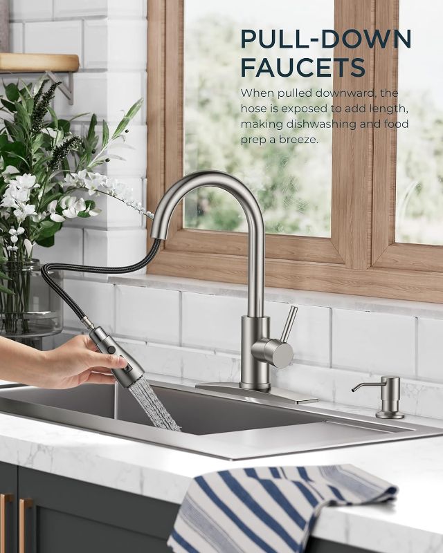 Photo 1 of FORIOUS Kitchen Faucets with Soap Dispenser and Pull Down Sprayer, Brushed Nickel, Bar High Arc Single Handle Classic 3 Modes Stainless Steel Faucet for Kitchen Sink Farmhouse RV Laundry Camper
