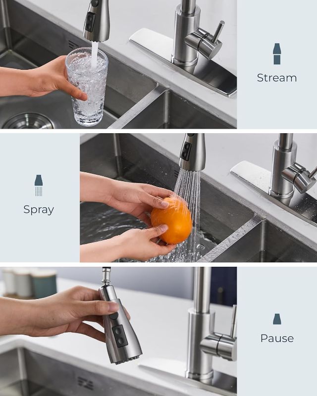 Photo 1 of FORIOUS Kitchen Faucets with Soap Dispenser and Pull Down Sprayer, Brushed Nickel, Bar High Arc Single Handle Classic 3 Modes Stainless Steel Faucet for Kitchen Sink Farmhouse RV Laundry Camper