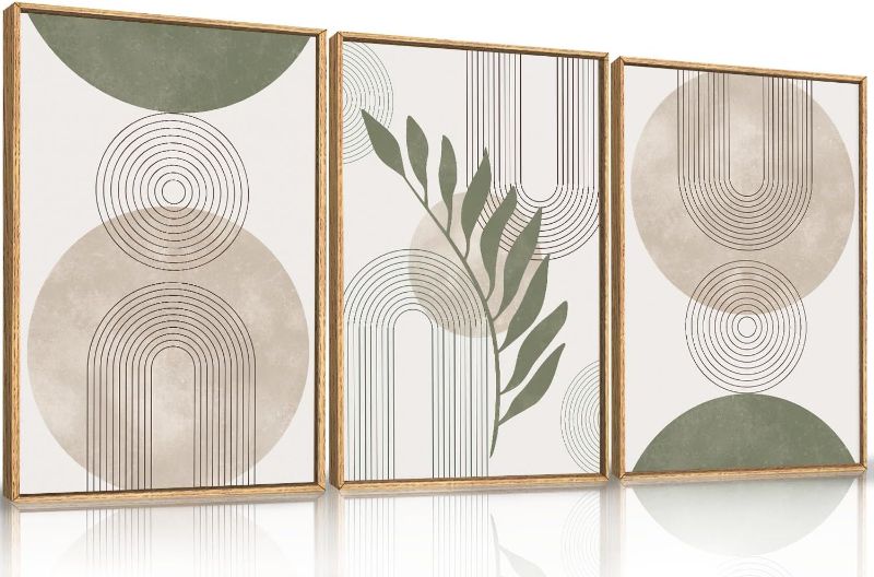 Photo 1 of HPINUB Sage Green Framed Canvas Prints Wall Art Set, Abstract Botanical Boho Wall Decor, Minimalist Geometric Line Leaf Canvas Artwork for Living Room, Bedroom, Dining Room, Office, Bathroom .
