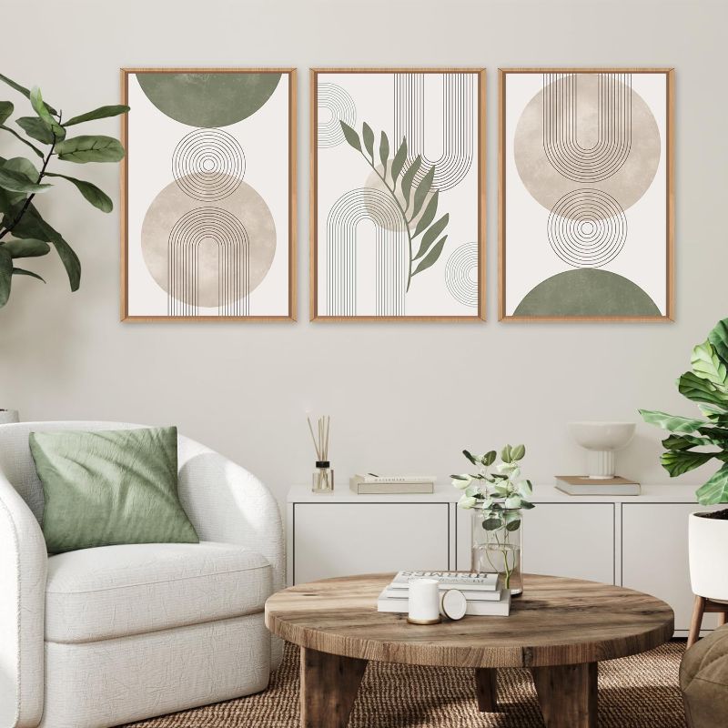 Photo 1 of HPINUB Sage Green Framed Canvas Prints Wall Art Set, Abstract Botanical Boho Wall Decor, Minimalist Geometric Line Leaf Canvas Artwork for Living Room, Bedroom, Dining Room, Office, Bathroom .