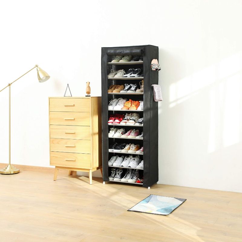 Photo 1 of PENGKE 9-Tier Shoe Storage Organizer with Dustproof Cover - Closet Cabinet Shelf Holds up to 27 Pairs - for Doorway, Corridor, Balcony, Living Room - Black