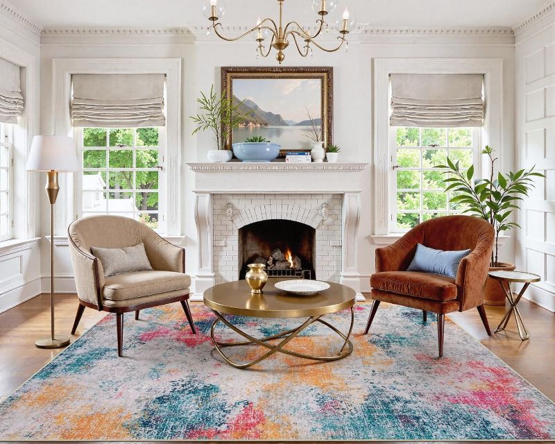 Photo 1 of Beeiva Abstract Large Carpet for Living Room 8x10, Modern Washable Non Slip Area Rugs, Ultra Thin Foldable Lightweight Low Pile Rug for Dining Room Bedroom Playroom Office - Ivory Blue