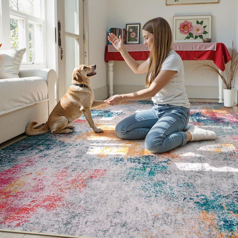Photo 1 of Beeiva Abstract Large Carpet for Living Room 8x10, Modern Washable Non Slip Area Rugs, Ultra Thin Foldable Lightweight Low Pile Rug for Dining Room Bedroom Playroom Office - Ivory Blue