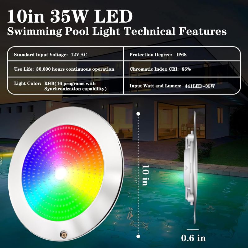 Photo 1 of 10 Inch Pool Light for Inground Pool, 12V AC Color Changing LED Pool Light with Remote Control, 35W Underwater Swimming Pool Light for Wet Niche, 100 Foot Cord