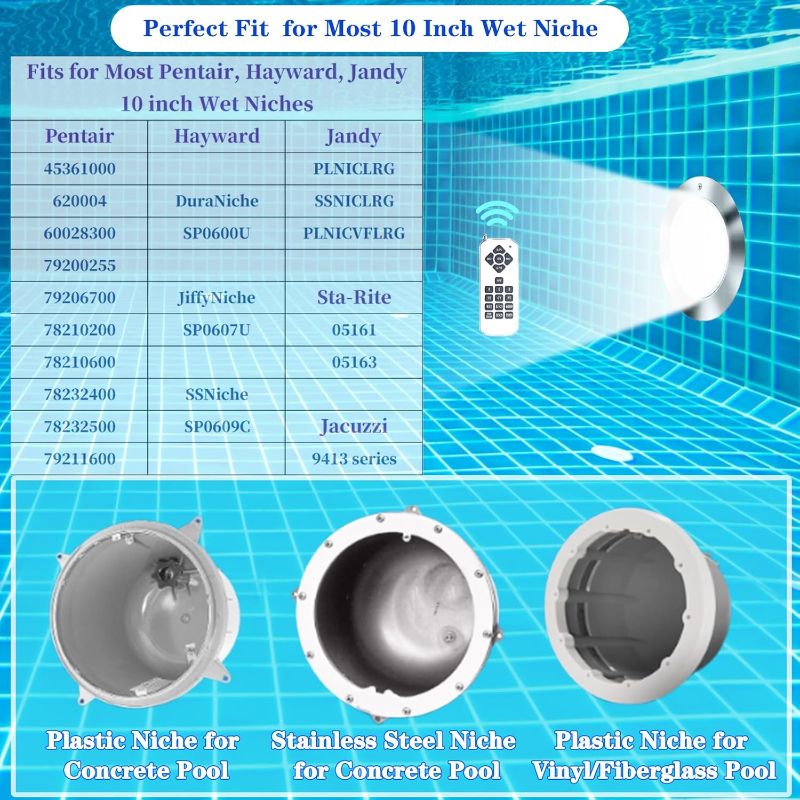 Photo 1 of 10 Inch Pool Light for Inground Pool, 12V AC Color Changing LED Pool Light with Remote Control, 35W Underwater Swimming Pool Light for Wet Niche, 100 Foot Cord