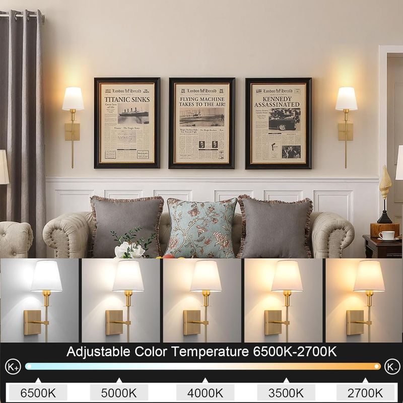 Photo 1 of Battery Operated Wall Sconce Set Of 2,Rechargeable Wireless Wall Light With Remote 12 Colors Dimmable Bulbs,Indoor Fabric Shade Wall Decor Fixtures,for Bedroom,apartment Farmhouse ( Color : Gold )