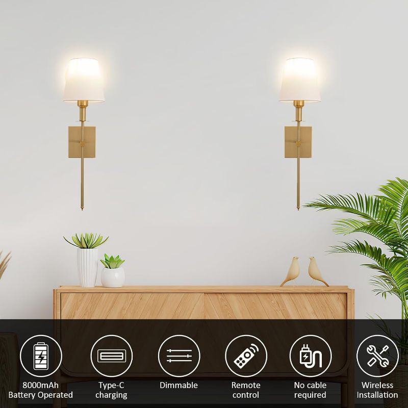 Photo 1 of Battery Operated Wall Sconce Set Of 2,Rechargeable Wireless Wall Light With Remote 12 Colors Dimmable Bulbs,Indoor Fabric Shade Wall Decor Fixtures,for Bedroom,apartment Farmhouse ( Color : Gold )