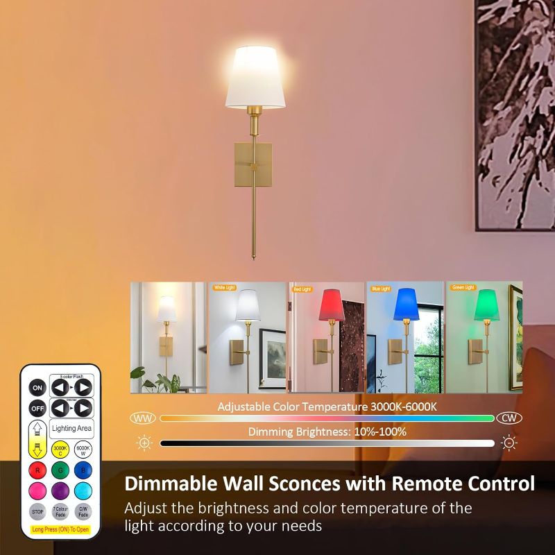 Photo 1 of Battery Operated Wall Sconce Set Of 2,Rechargeable Wireless Wall Light With Remote 12 Colors Dimmable Bulbs,Indoor Fabric Shade Wall Decor Fixtures,for Bedroom,apartment Farmhouse ( Color : Gold )