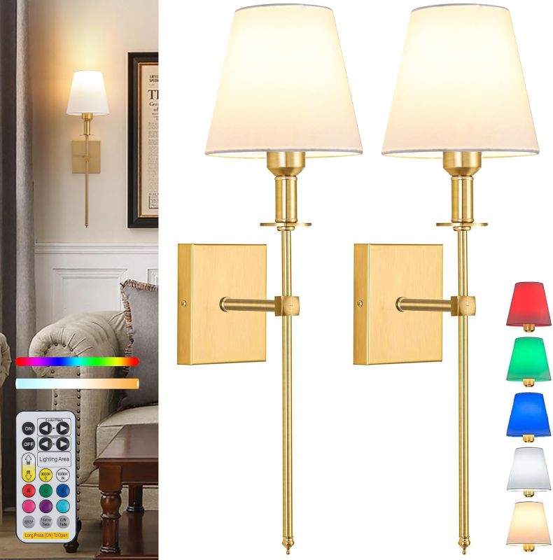 Photo 1 of Battery Operated Wall Sconce Set Of 2,Rechargeable Wireless Wall Light With Remote 12 Colors Dimmable Bulbs,Indoor Fabric Shade Wall Decor Fixtures,for Bedroom,apartment Farmhouse ( Color : Gold )