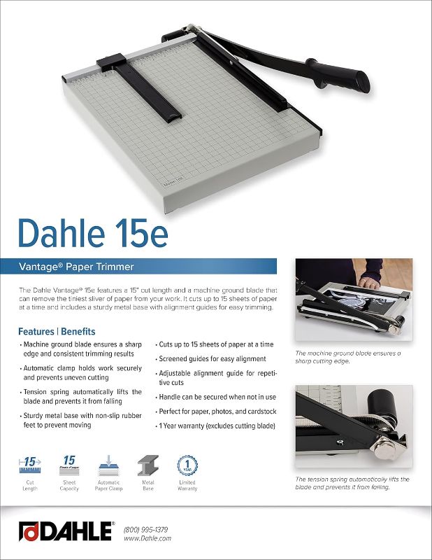 Photo 1 of Dahle 15e Vantage Paper Trimmer, 15" Cut Length, 15 Sheet, Automatic Clamp, Adjustable Guide, Metal Base with 1/2" Gridlines, Guillotine Paper Cutter