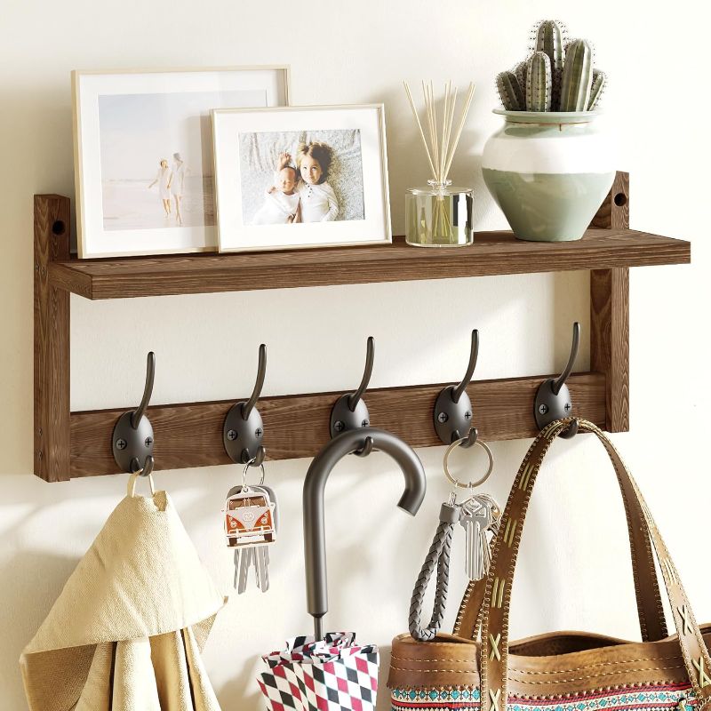 Photo 1 of AMBIRD Wall Hooks with Shelf - Wooden Entryway Organizer with 5 Dual Hooks, Retro Wall-Mounted Coat Hook Rack for Bathroom, Living Room, Bedroom (17.12 Inch)