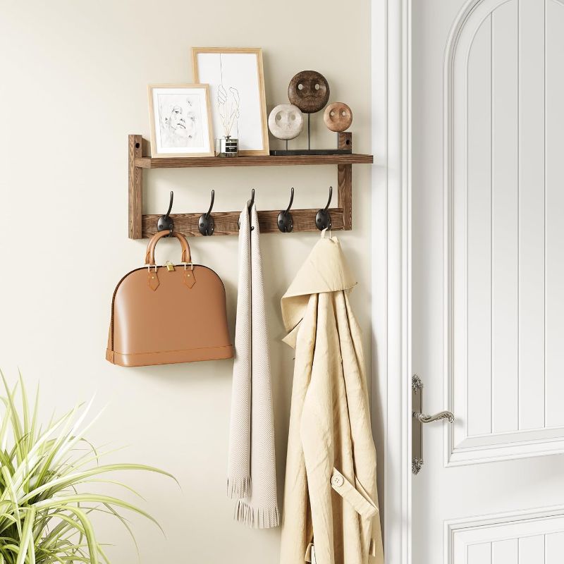 Photo 1 of AMBIRD Wall Hooks with Shelf - Wooden Entryway Organizer with 5 Dual Hooks, Retro Wall-Mounted Coat Hook Rack for Bathroom, Living Room, Bedroom (17.12 Inch)
