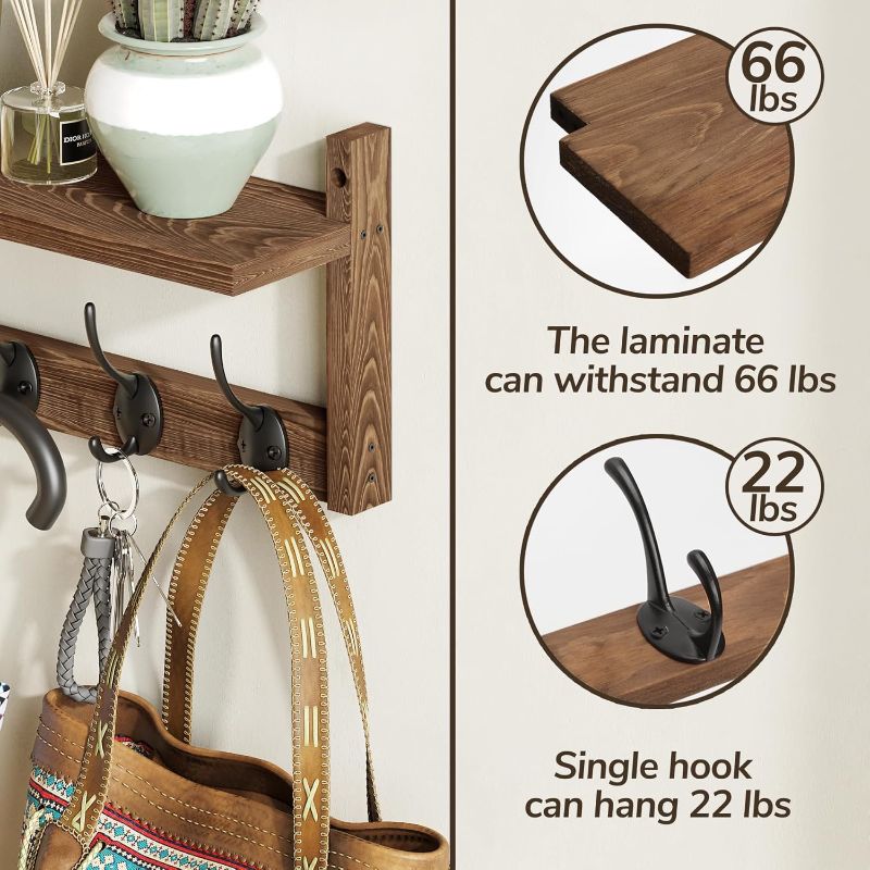 Photo 1 of AMBIRD Wall Hooks with Shelf - Wooden Entryway Organizer with 5 Dual Hooks, Retro Wall-Mounted Coat Hook Rack for Bathroom, Living Room, Bedroom (17.12 Inch)