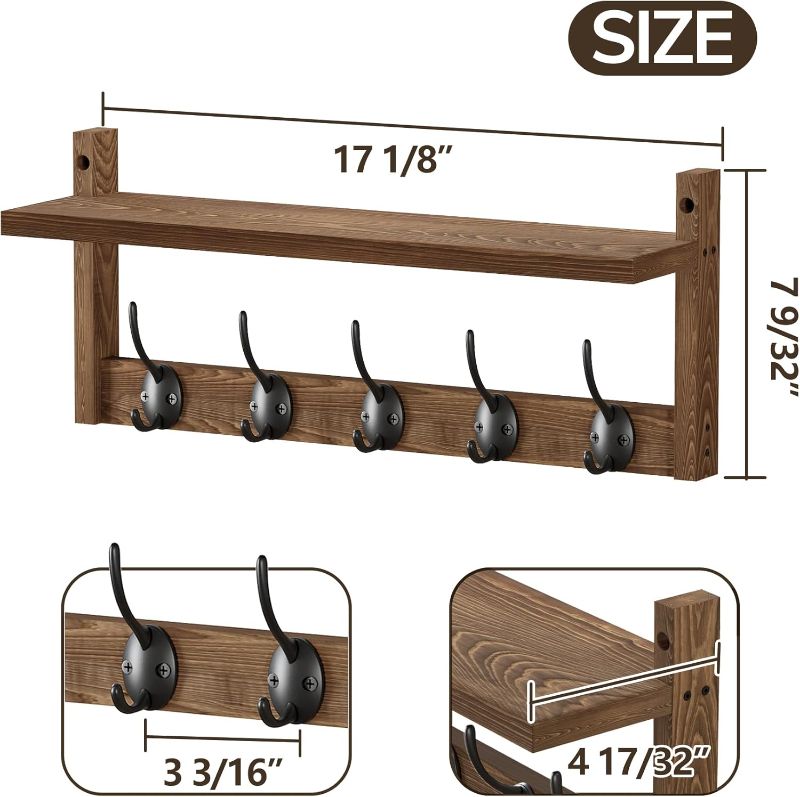 Photo 1 of AMBIRD Wall Hooks with Shelf - Wooden Entryway Organizer with 5 Dual Hooks, Retro Wall-Mounted Coat Hook Rack for Bathroom, Living Room, Bedroom (17.12 Inch)