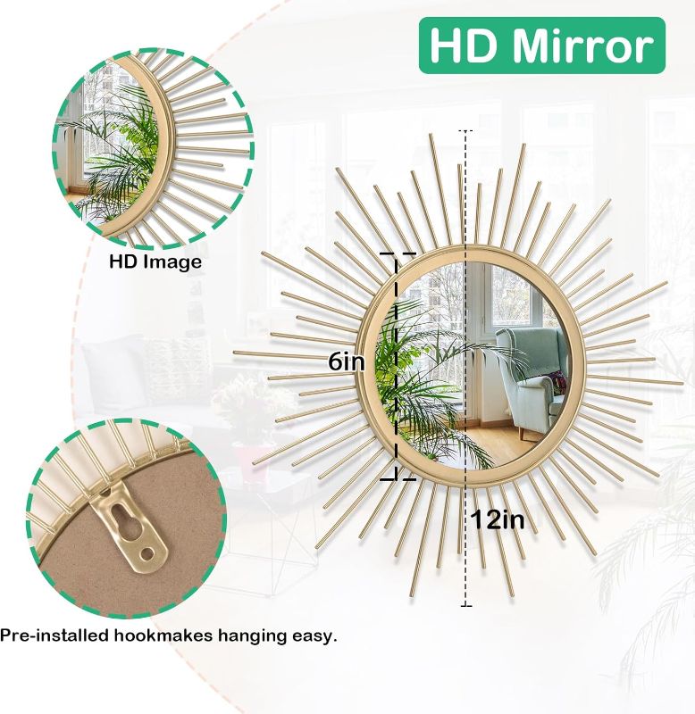 Photo 1 of Gold Mirrors for Wall Sunburst Decor Art Mirror Bohemian Home Round Modern Metal Mirror for Bedroom Living Room Hallway Bathroom Balcony Farmhouse Entrance Small