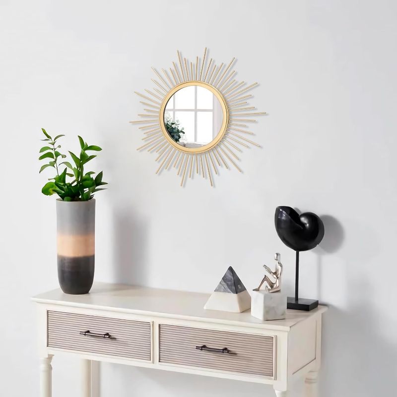 Photo 1 of Gold Mirrors for Wall Sunburst Decor Art Mirror Bohemian Home Round Modern Metal Mirror for Bedroom Living Room Hallway Bathroom Balcony Farmhouse Entrance Small