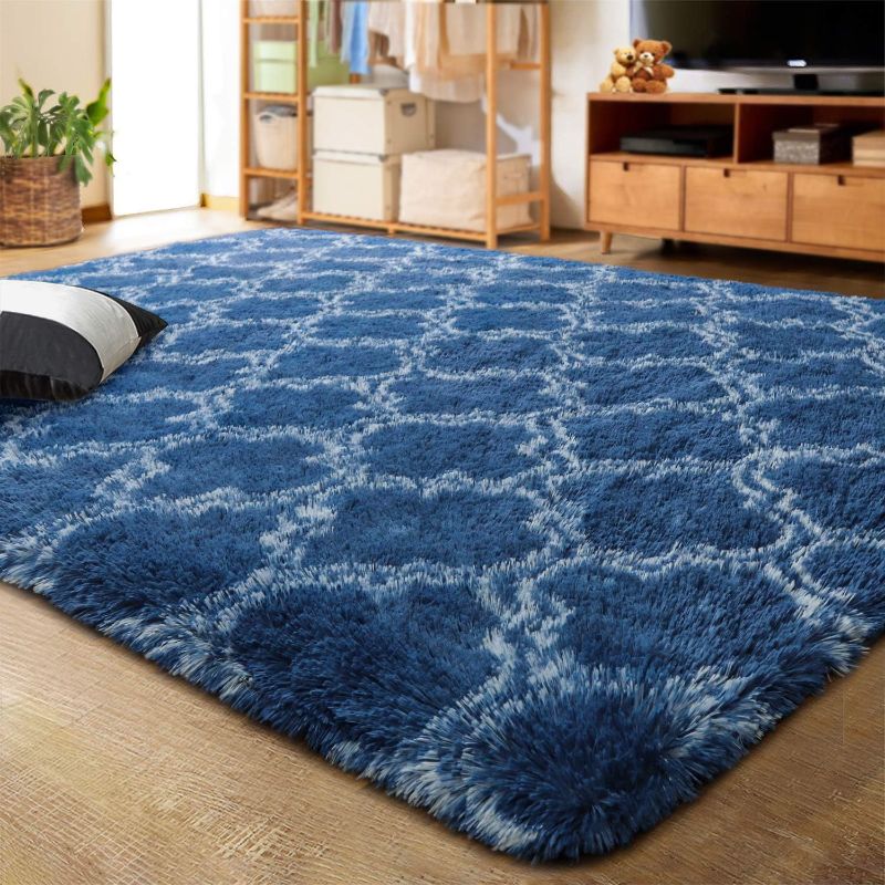Photo 1 of LOCHAS Luxury Shag Area Rug 5x8 Feet Geometric Plush Fluffy Rugs, Extra Soft Carpet Moroccan Rugs for Bedroom Living Room Dorm Kids, High Pile Shaggy Floor Rug Decor, Light Navy/White