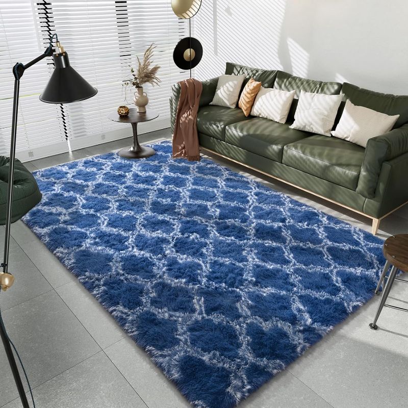 Photo 1 of LOCHAS Luxury Shag Area Rug 5x8 Feet Geometric Plush Fluffy Rugs, Extra Soft Carpet Moroccan Rugs for Bedroom Living Room Dorm Kids, High Pile Shaggy Floor Rug Decor, Light Navy/White