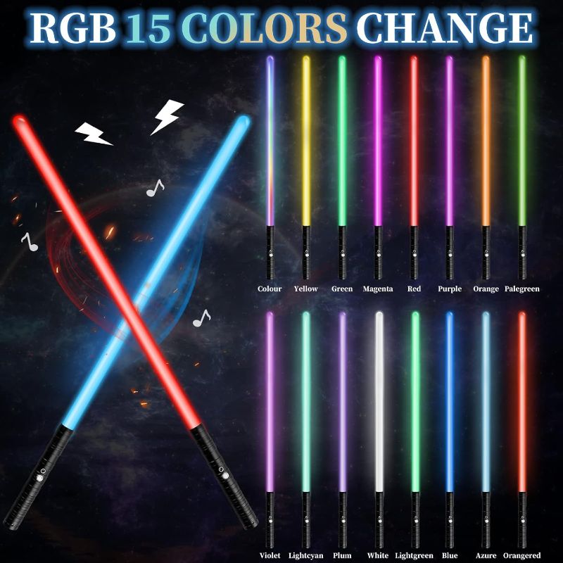 Photo 1 of Lightsaber 2 Pack RGB 15 Colors Metal Hilt FX Light Saber attery Rechargable 2-in-1 Double-Bladed FX Dueling Light Saber Cosplay Toy 3 Sound Mode Light Sword Forge