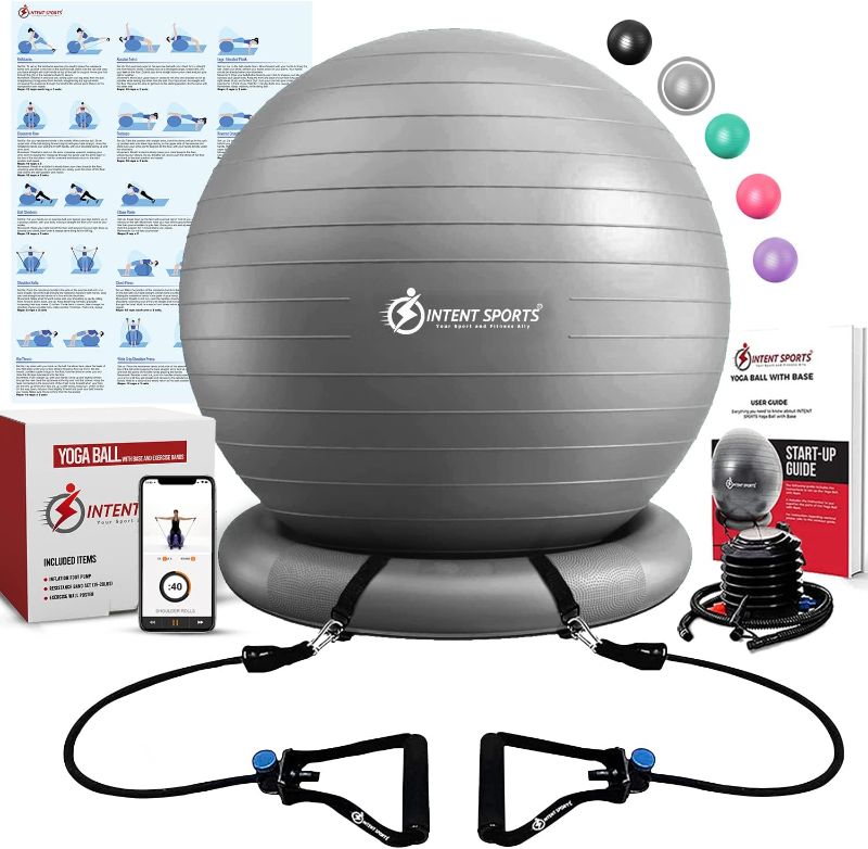 Photo 1 of INTENT SPORTS Yoga Ball Chair – Stability Ball with Inflatable Stability Base & Resistance Bands, Fitness Ball for Home Gym, Office, Improves Back Pain, Core, Posture & Balance (65 Cm)