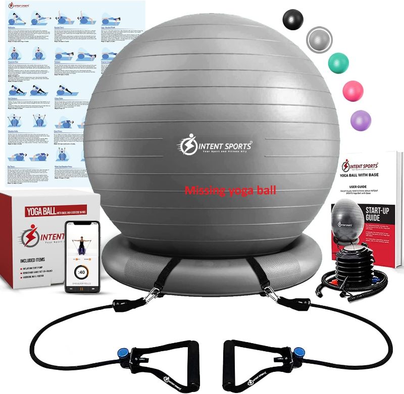 Photo 1 of INTENT SPORTS Yoga Ball Chair – Stability Ball with Inflatable Stability Base & Resistance Bands, Fitness Ball for Home Gym, Office, Improves Back Pain, Core, Posture & Balance (65 Cm)
