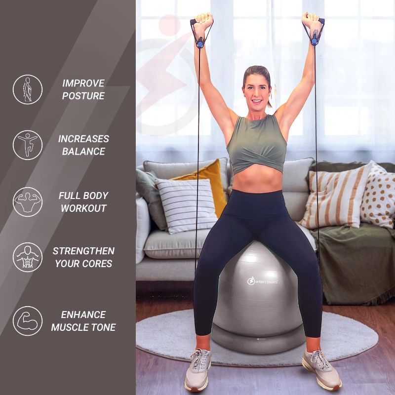Photo 1 of INTENT SPORTS Yoga Ball Chair – Stability Ball with Inflatable Stability Base & Resistance Bands, Fitness Ball for Home Gym, Office, Improves Back Pain, Core, Posture & Balance (65 Cm)