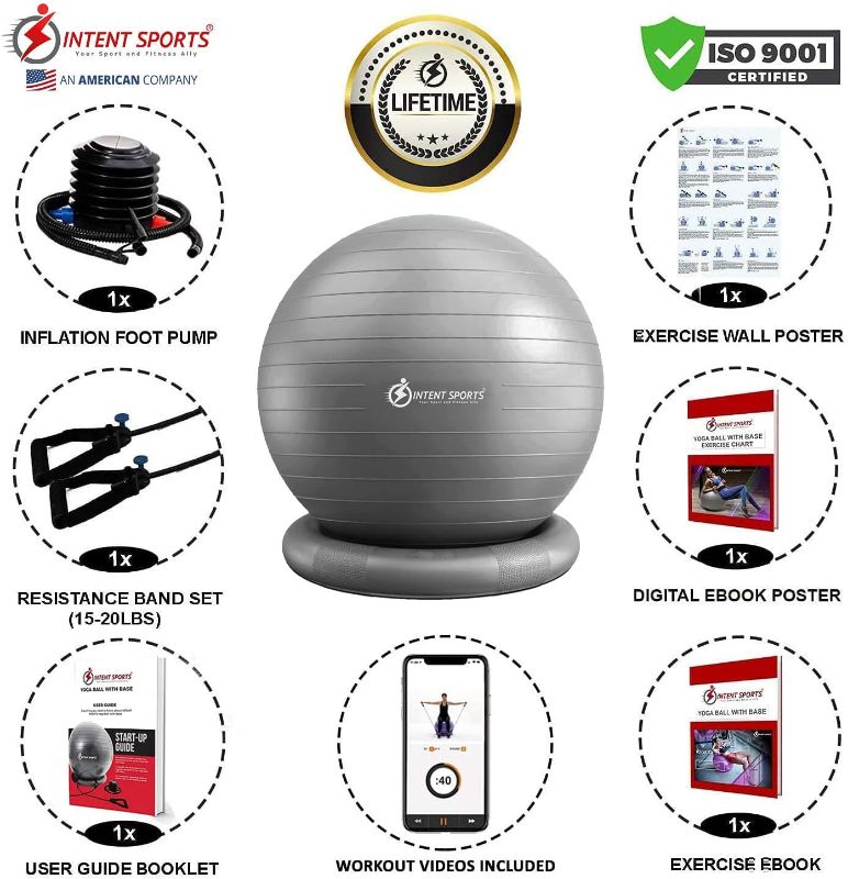 Photo 1 of INTENT SPORTS Yoga Ball Chair – Stability Ball with Inflatable Stability Base & Resistance Bands, Fitness Ball for Home Gym, Office, Improves Back Pain, Core, Posture & Balance (65 Cm)